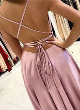 A-line Square Neckline Satin Prom Dress With Pleated Split Front-27dress